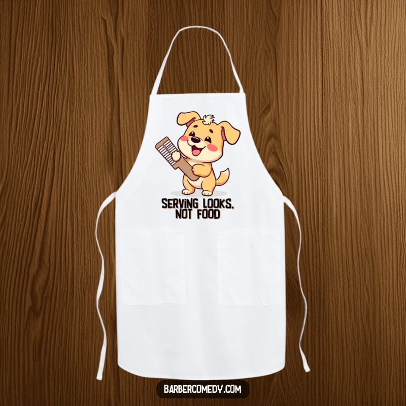 Funny dog apron, holding a giant comb with a wagging tail, bringing kitchen humor and canine charm, ideal funny gift.