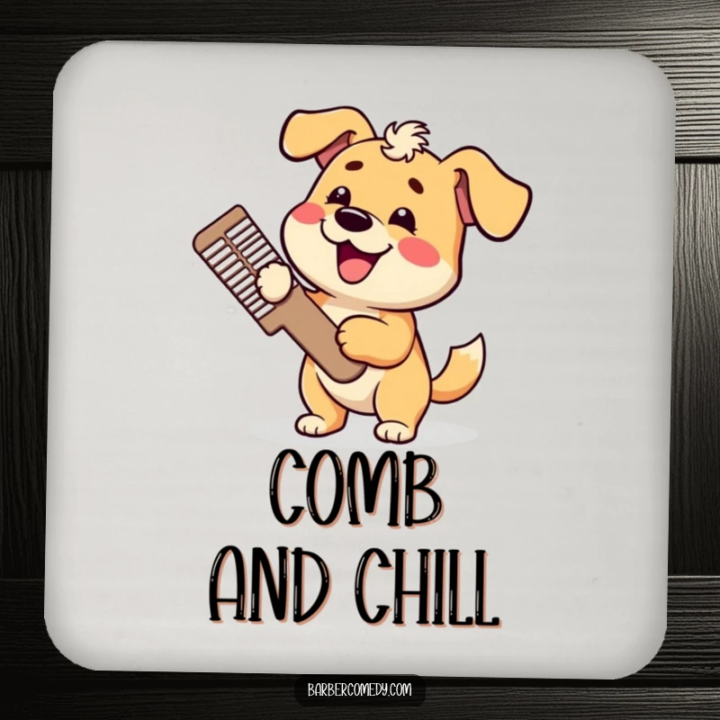 Funny dog grooming coasters, holding a giant comb, tail wagging, depicting canine humor and protecting tables, perfect funny gift.