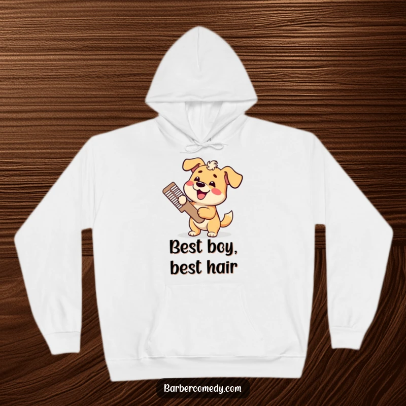 Funny dog hoodie, holding a giant comb, tail wagging enthusiastically, showcasing cozy grooming humor and canine joy, wonderful funny gift.