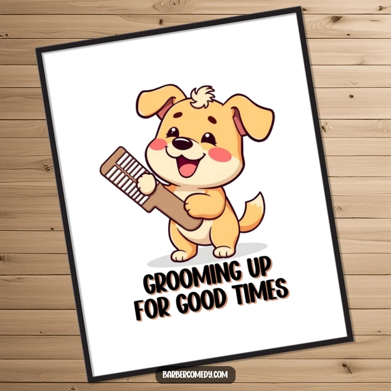 Funny Free Printable Wall Art: A happy dog character enthusiastically holding a comically large comb, ready for a fabulous grooming session.