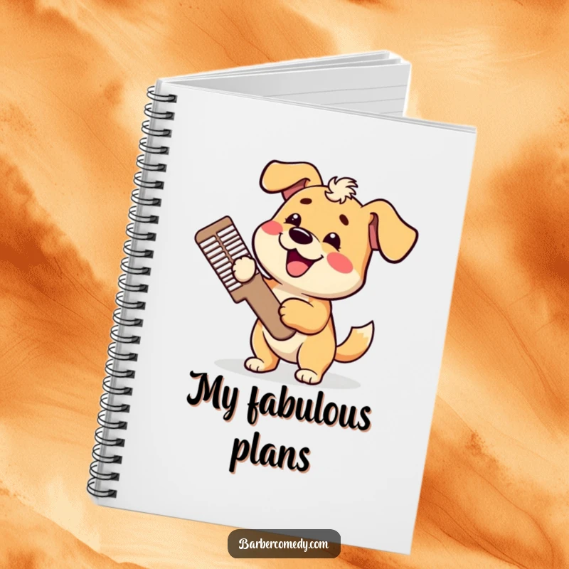 Funny dog notebook, holding a giant comb, tail wagging, inspiring canine enthusiasm and creativity, perfect funny gift for journaling.
