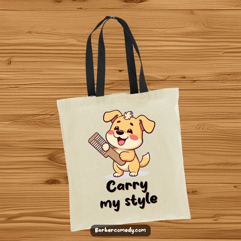 Funny dog tote bag, holding a giant comb, tail wagging, embodying pet grooming humor and canine happiness, ideal funny gift.